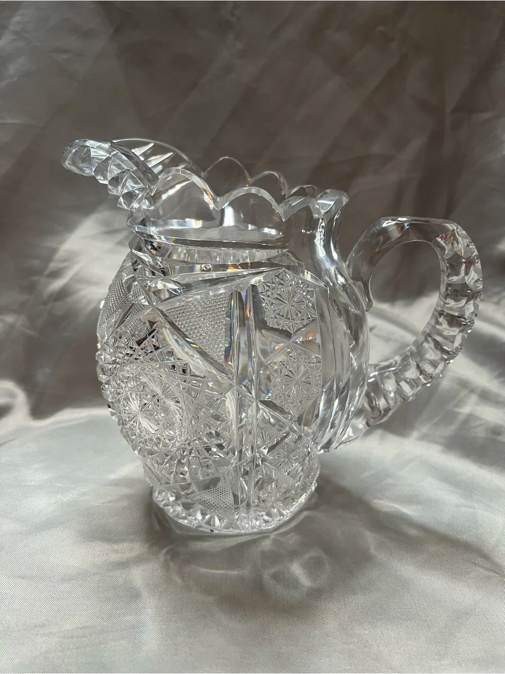 Antique ABP Cut Glass Crystal Pitcher - Hobstar & Fan Pattern - Small Chip
